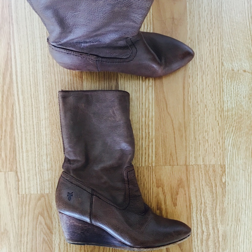 Frye Brown Leather Wedge Ankle Boots